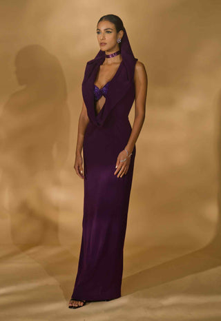 Purple rhinestone bralet and cowl gown