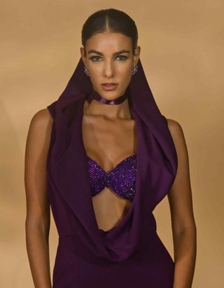 Purple rhinestone bralet and cowl gown