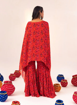 Orange print jacket kaftan and gharara pant