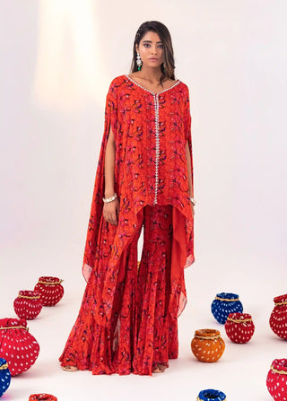 Orange print jacket kaftan and gharara pant