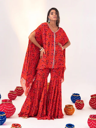 Orange print jacket kaftan and gharara pant