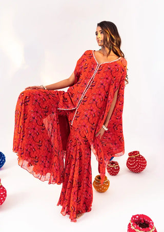 Orange print jacket kaftan and gharara pant