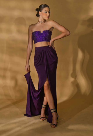 Purple rhinestone crop top and skirt