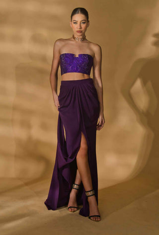 Purple rhinestone crop top and skirt