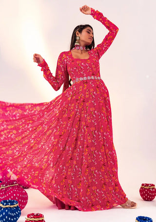 Pink printed anarkali and belt