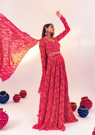 Pink printed anarkali and belt