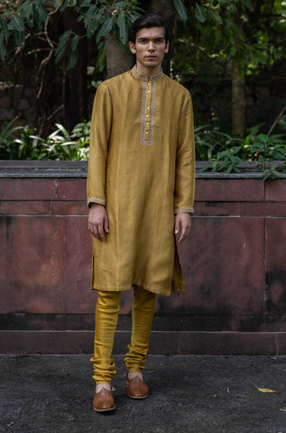 Molten gold yellow embroidered kurta with pants