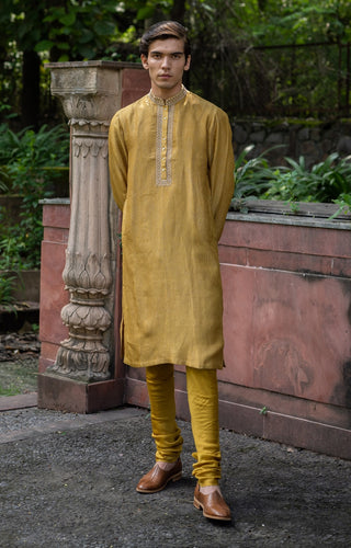 Molten gold yellow embroidered kurta with pants