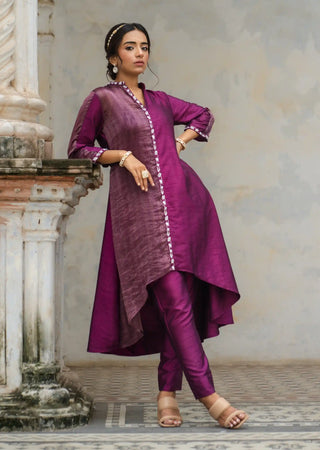 Purple asymmetric embroidered kurta set