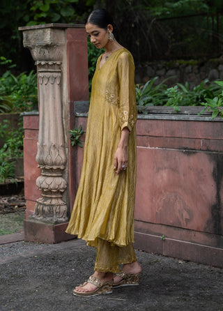 Molten gold yellow tissue silk a-line kurta set