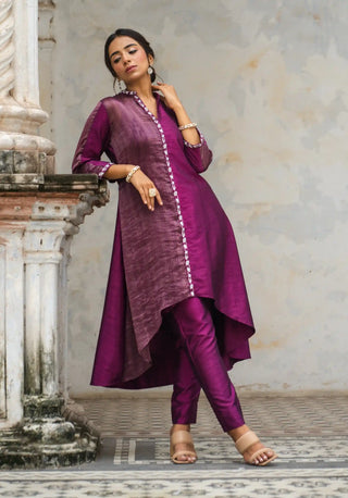 Purple asymmetric embroidered kurta set