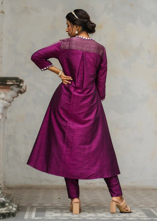 Purple asymmetric embroidered kurta set