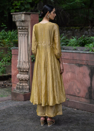 Molten gold yellow tissue silk a-line kurta set