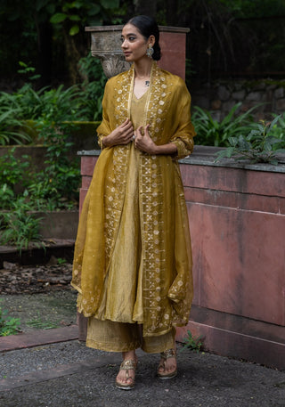 Molten gold yellow tissue silk a-line kurta set