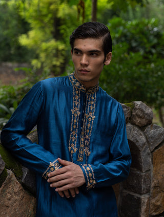 Cobalt blue embroidered silk kurta with chudi pants