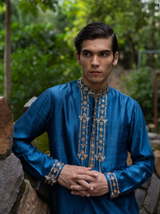 Cobalt blue embroidered silk kurta with chudi pants