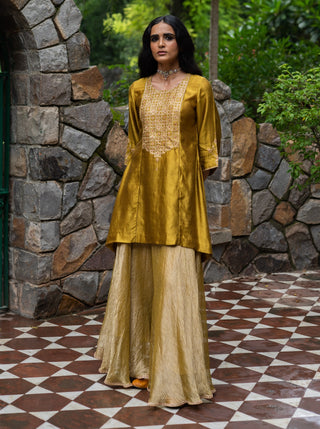 Molten gold yellow short kurta sharara set