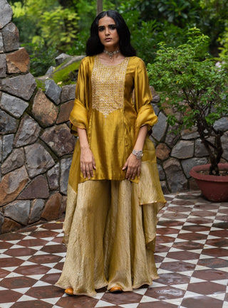 Molten gold yellow short kurta sharara set