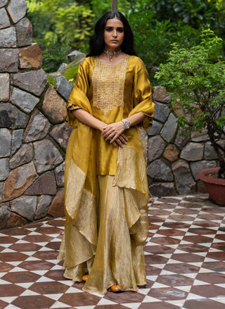 Molten gold yellow short kurta sharara set