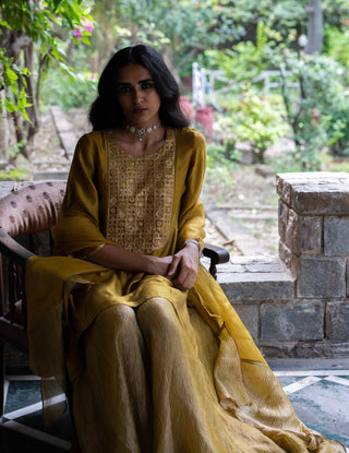 Molten gold yellow short kurta sharara set