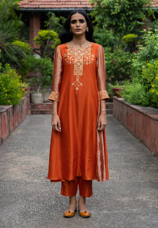 Rust orange embroidered a-line kurta set