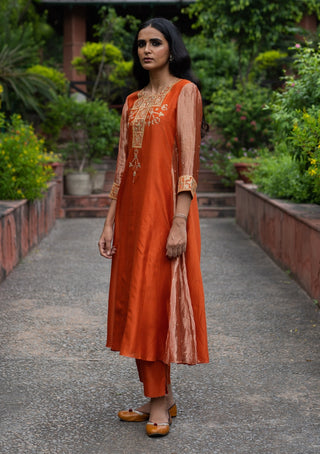 Rust orange embroidered a-line kurta set