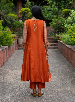 Rust orange embroidered a-line kurta set