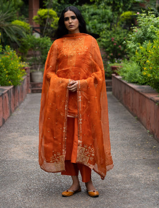 Rust orange embroidered a-line kurta set