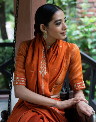 Rust orange embroidered silk saree and blouse