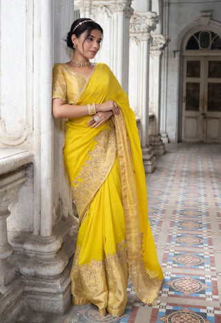 Gold embroidered blouse and acaia green saree