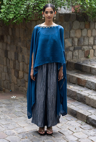 Cobalt blue embroidered kaftan with metallic pants