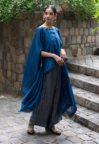 Cobalt blue embroidered kaftan with metallic pants