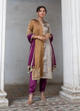 Dark gold and silver embroidered kurta set