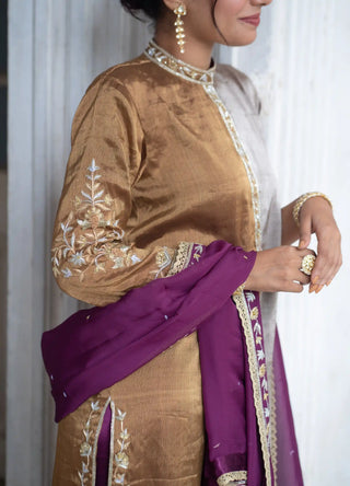 Dark gold and silver embroidered kurta set