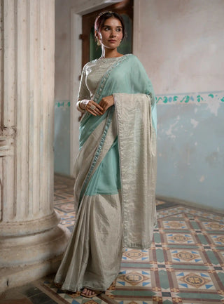 Silver zari embroidered blouse and saree