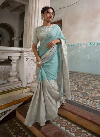 Silver zari embroidered blouse and saree