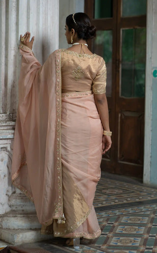 Gold zari tissue embroidered blouse and saree