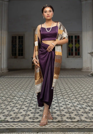 Purple satin top, draped skirt and stole