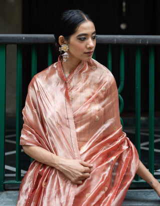 Blush pink embroidered tissue silk saree with blouse