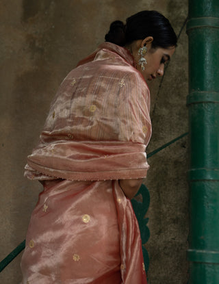 Blush pink embroidered tissue silk saree with blouse