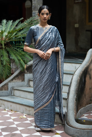 Colbalt blue embroidered metallic saree with blouse