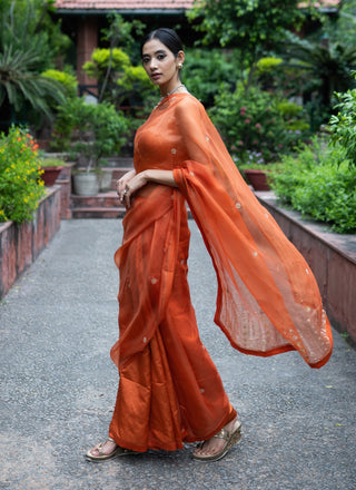 Rust orange embroidered saree with blouse