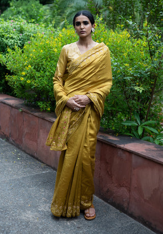 Molten gold yellow embroidered saree with blouse