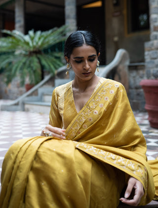 Molten gold yellow embroidered saree with blouse