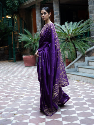 Violet embroidered silk saree with blouse