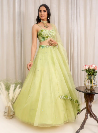 Green organza floral belt lehenga set