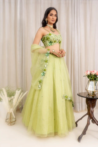 Green organza floral belt lehenga set