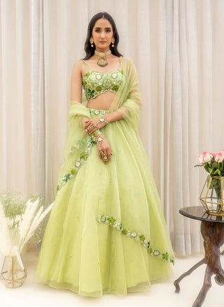 Green organza floral belt lehenga set