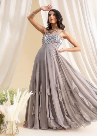 Gray frills panelled anarkali and dupatta