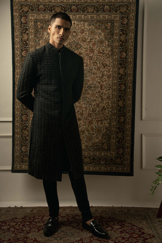 Black silk embroidery sherwani set